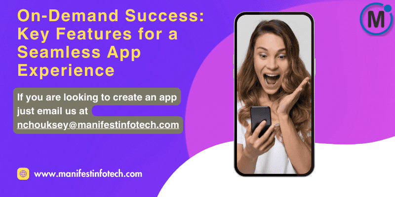 Infographic displaying key features for a seamless on-demand app experience, including real-time tracking, user reviews, and payment integration