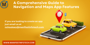 Infographic displaying essential features for navigation and maps apps, including real-time traffic updates, route planning, and offline maps