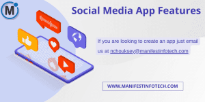 Infographic outlining must-have features for social media apps, including messaging, photo sharing, and notifications