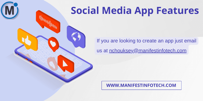 Infographic outlining must-have features for social media apps, including messaging, photo sharing, and notifications