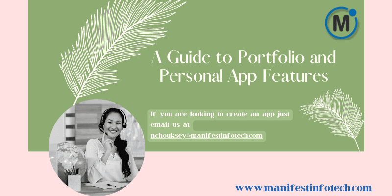 Infographic displaying essential features for portfolio and personal apps, including project showcases, personal branding, and contact information.