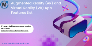 Infographic showcasing essential features for Augmented Reality (AR) and Virtual Reality (VR) apps, including immersive experiences, real-time interaction, and 3D visualization.