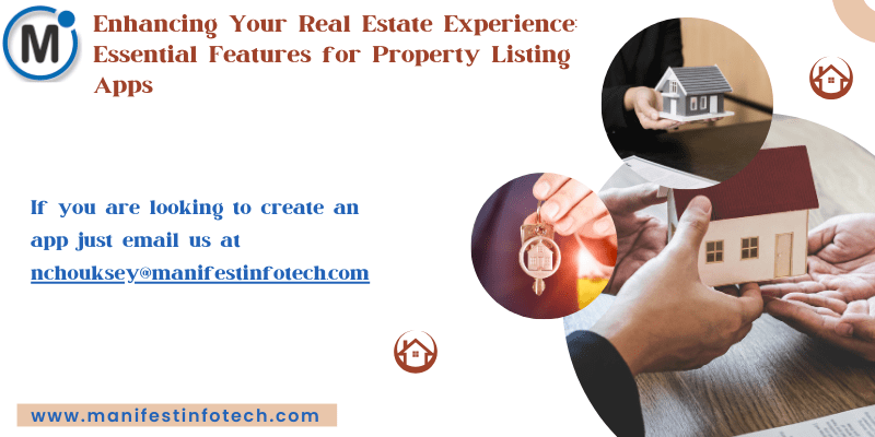 Infographic showcasing essential features for property listing apps, including search filters, map integration, and property details.
