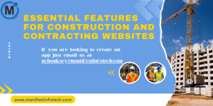 Infographic displaying essential features for construction and contracting websites, including project portfolios, cost calculators, and client testimonials
