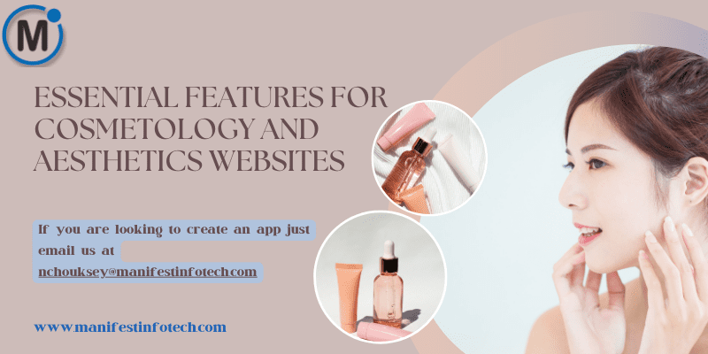 Infographic showcasing essential features for cosmetology and aesthetics websites, including service listings, booking system, and before-and-after galleries