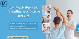 Infographic showcasing essential features for counseling and therapy websites, including appointment booking, confidential messaging, and resource sharing