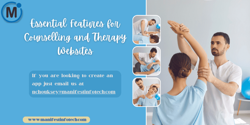 Infographic showcasing essential features for counseling and therapy websites, including appointment booking, confidential messaging, and resource sharing