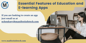 Infographic highlighting essential features of education and e-learning apps, including interactive content, assessments, and progress tracking.