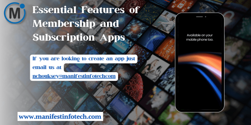 Infographic displaying essential features for membership and subscription apps, including subscription management, content access, and payment integration.