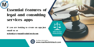 Infographic showcasing essential features for legal and consulting services apps, including appointment scheduling, document sharing, and billing integration.