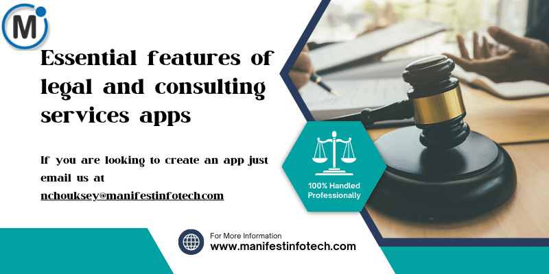 Infographic showcasing essential features for legal and consulting services apps, including appointment scheduling, document sharing, and billing integration.