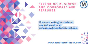 Infographic showcasing essential features for business and corporate apps, including project management, team collaboration, and document sharing.