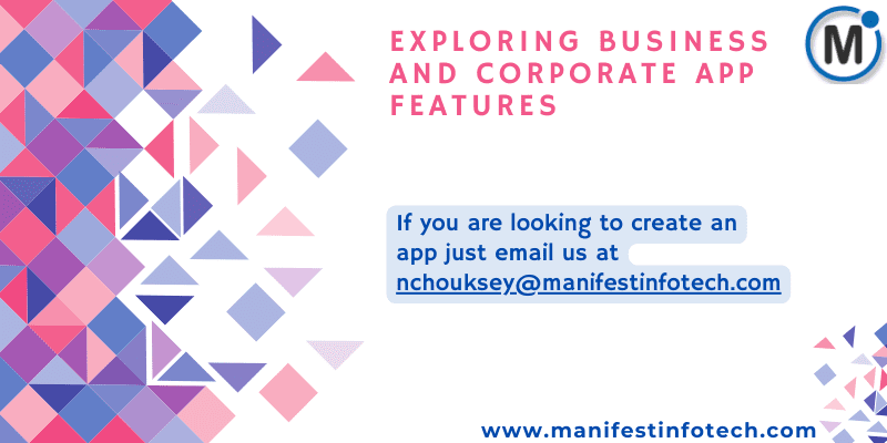 Infographic showcasing essential features for business and corporate apps, including project management, team collaboration, and document sharing.
