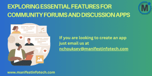 Infographic displaying essential features for community forums and discussion apps, including discussion threads, user profiles, and real-time notifications.