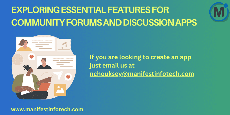 Infographic displaying essential features for community forums and discussion apps, including discussion threads, user profiles, and real-time notifications.