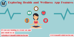 Infographic showcasing essential features for health and wellness apps, including fitness tracking, meal planning, and mindfulness tools