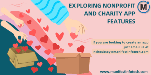 Infographic displaying essential features for nonprofit and charity apps, including donation tracking, event management, and volunteer coordination