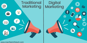 Comparison of digital marketing and traditional marketing, highlighting key differences in strategy, reach, and engagement.