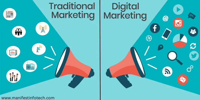 Comparison of digital marketing and traditional marketing, highlighting key differences in strategy, reach, and engagement.