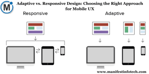 Graphic comparing adaptive and responsive design, featuring two mobile interfaces demonstrating the difference in layout flexibility for different screen sizes