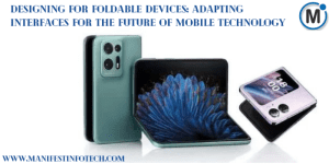 Graphic illustrating design for foldable devices, featuring adaptive interfaces that adjust to different screen sizes and orientations.