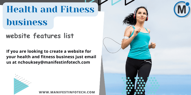 Graphic showcasing health and fitness business website features, with an image of a girl running, representing active lifestyle and wellness