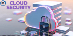 Cloud security concept with a locked cloud and digital infrastructure.