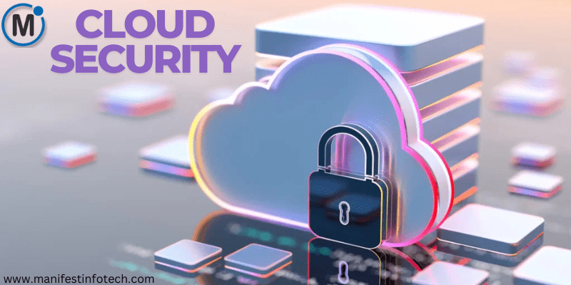 Cloud security concept with a locked cloud and digital infrastructure.