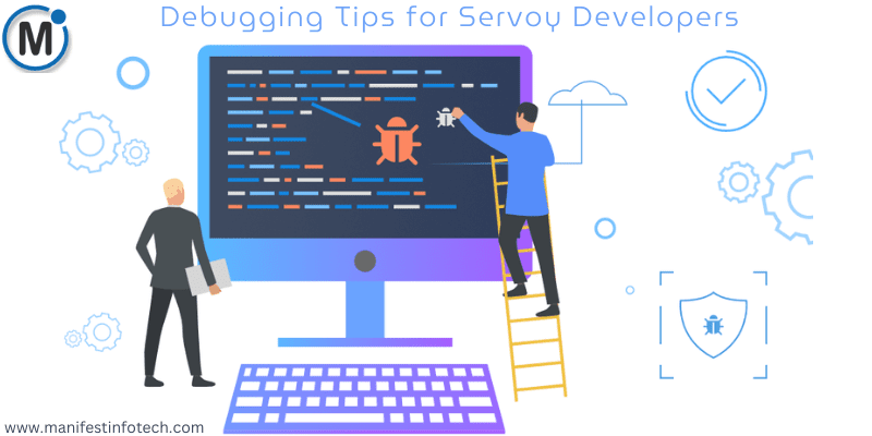 Illustration of two developers debugging code on a large computer screen, with a bug icon highlighted in the code, gears, and a shield symbolizing security