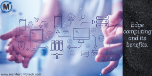 A digital representation of edge computing with interconnected devices, cloud storage, and data processing icons floating in front of a person’s hands, symbolizing decentralized data processing.