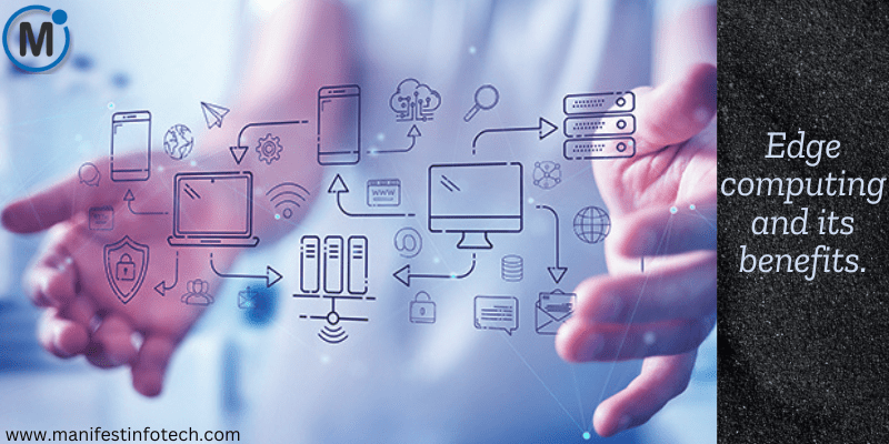 A digital representation of edge computing with interconnected devices, cloud storage, and data processing icons floating in front of a person’s hands, symbolizing decentralized data processing.