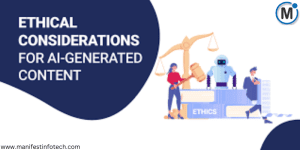 Illustration representing ethical considerations of AI-generated content, featuring a robot, a woman with a gavel, and a man working on documents, with a justice scale in the background.