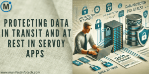 : A professional illustration showing encrypted data flow for secure transmission and a protected database for data at rest, with security elements like padlocks and shields.
