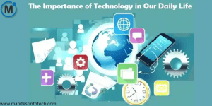 Illustration of technology's impact on daily life, featuring a digital globe, smartphone, gears, and icons representing healthcare, communication, and automation.
