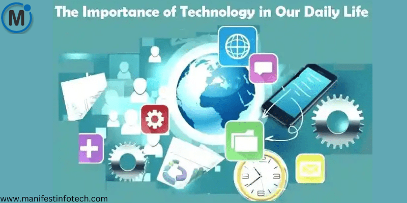 Illustration of technology's impact on daily life, featuring a digital globe, smartphone, gears, and icons representing healthcare, communication, and automation.