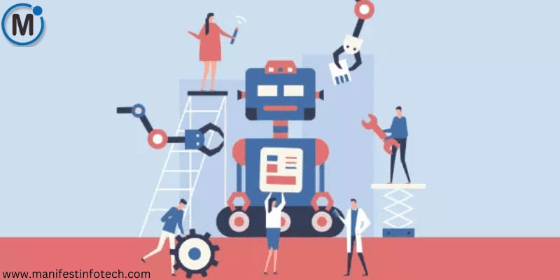 Illustration of people assembling a large robot with mechanical tools and gears.