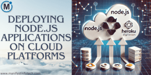 Illustration of Node.js cloud deployment featuring a cloud with upward arrows, Node.js, Heroku, AWS, and DigitalOcean icons, and a server rack connected to the cloud.