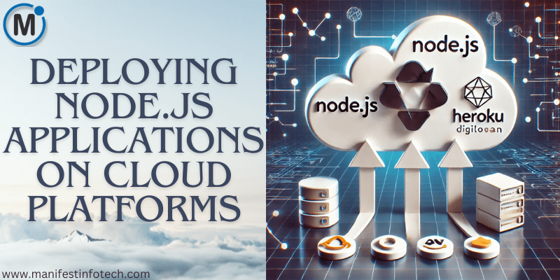 Illustration of Node.js cloud deployment featuring a cloud with upward arrows, Node.js, Heroku, AWS, and DigitalOcean icons, and a server rack connected to the cloud.