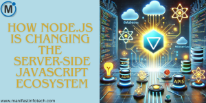 A futuristic digital illustration featuring a glowing Node.js logo at the center, connected to backend technologies like databases, APIs, microservices, and cloud platforms through dynamic circuits