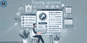 A modern illustration representing staying updated with Servoy's latest features and updates, showing a developer using a laptop with update notifications on the screen.