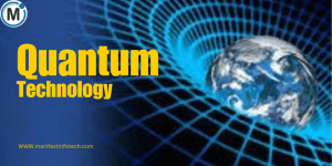 Earth distorting spacetime grid, "Quantum Technology" text.