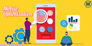 Mobile phone with data and social media icons.