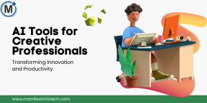 AI Tools for Creative Professionals – A young professional sitting at a desk using a digital tablet, symbolizing the integration of AI in creative work environments.