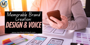 An image showing a person holding a phone with design sketches and the text "Memorable Brand Creation: Design & Voice" next to it.