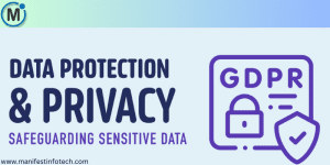 A digital graphic displaying "Data Protection & Privacy - Safeguarding Sensitive Data" alongside a GDPR security icon with a padlock and shield. The website "www.manifestinfotech.com" is also visible.