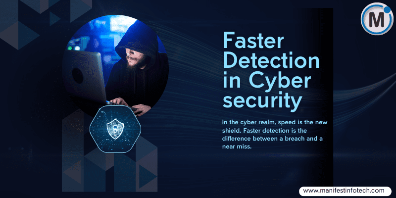 A person in a dark hoodie using a laptop, symbolizing a hacker, with a digital shield icon and the text "Faster Detection in Cybersecurity" beside it, emphasizing the importance of quick threat response.