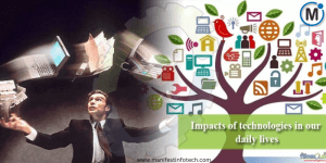 A digital collage showing a businessman juggling laptops and documents on one side, and a technology-themed tree with various digital icons on the other, symbolizing the impact of technology on daily life.