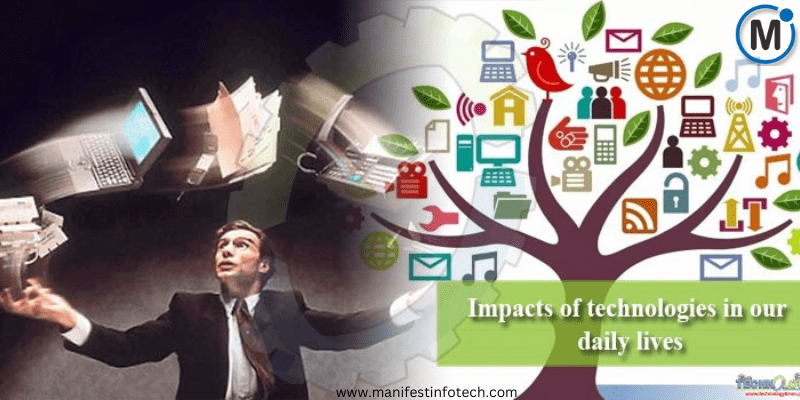 A digital collage showing a businessman juggling laptops and documents on one side, and a technology-themed tree with various digital icons on the other, symbolizing the impact of technology on daily life.