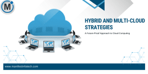 Illustration of hybrid and multi-cloud strategy with laptops connected to a central cloud, representing cloud computing and data integration.