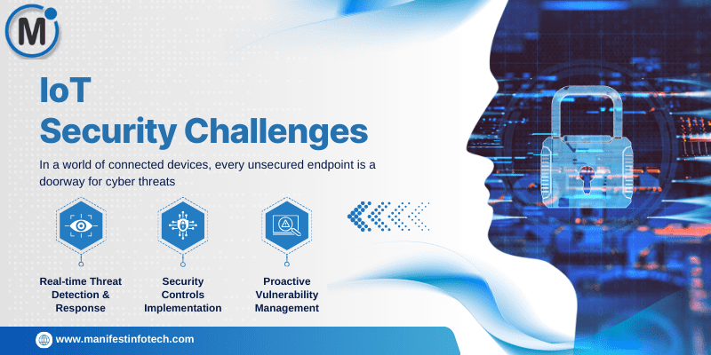 Illustration of IoT security challenges showing a digital lock and cybersecurity icons representing threat detection, security controls, and vulnerability management.
